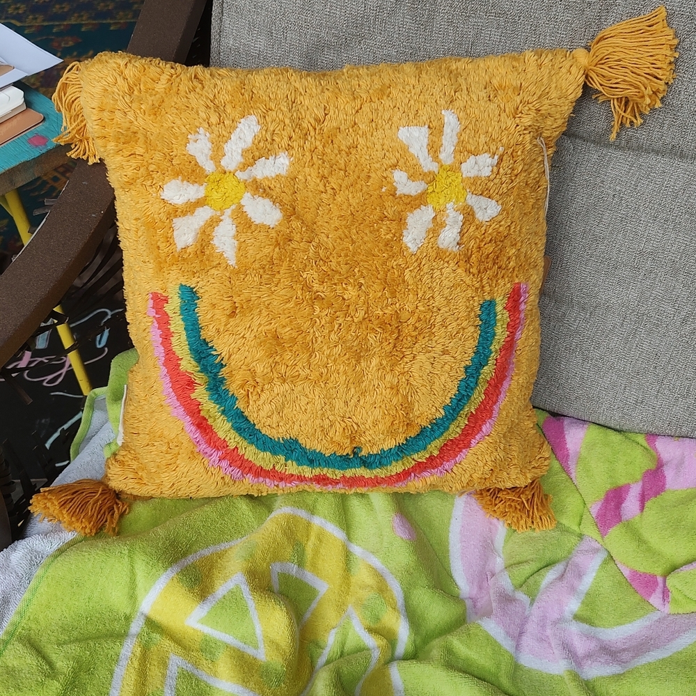NWT Natural Life rainbow happy face pillow mustard yellow tufted throw pillow - Picture 5 of 6